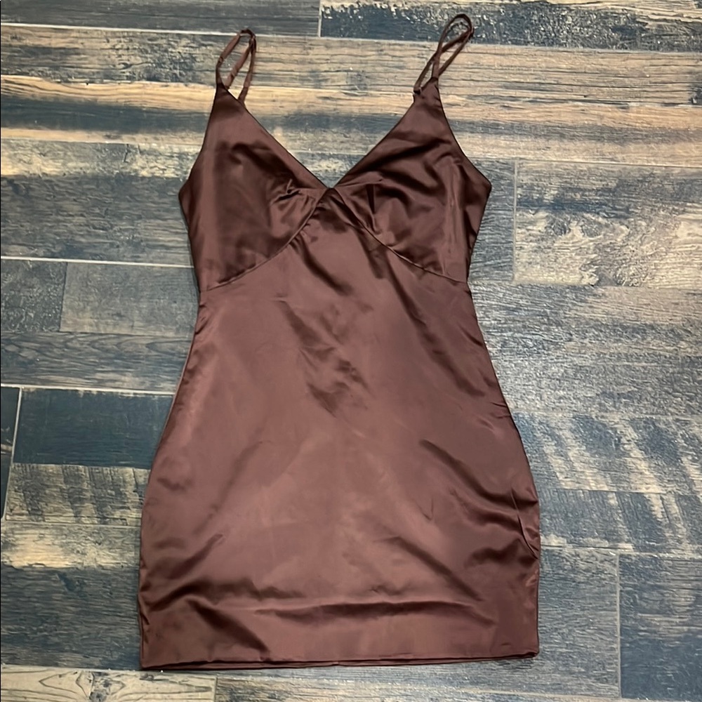 Fashion Nova Satin Mini Dress in Deep Brown
